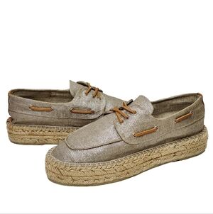 TORY BURCH Blanton Platform Espadrille Boat Shoes Sz 11 Silver Beige Canvas
